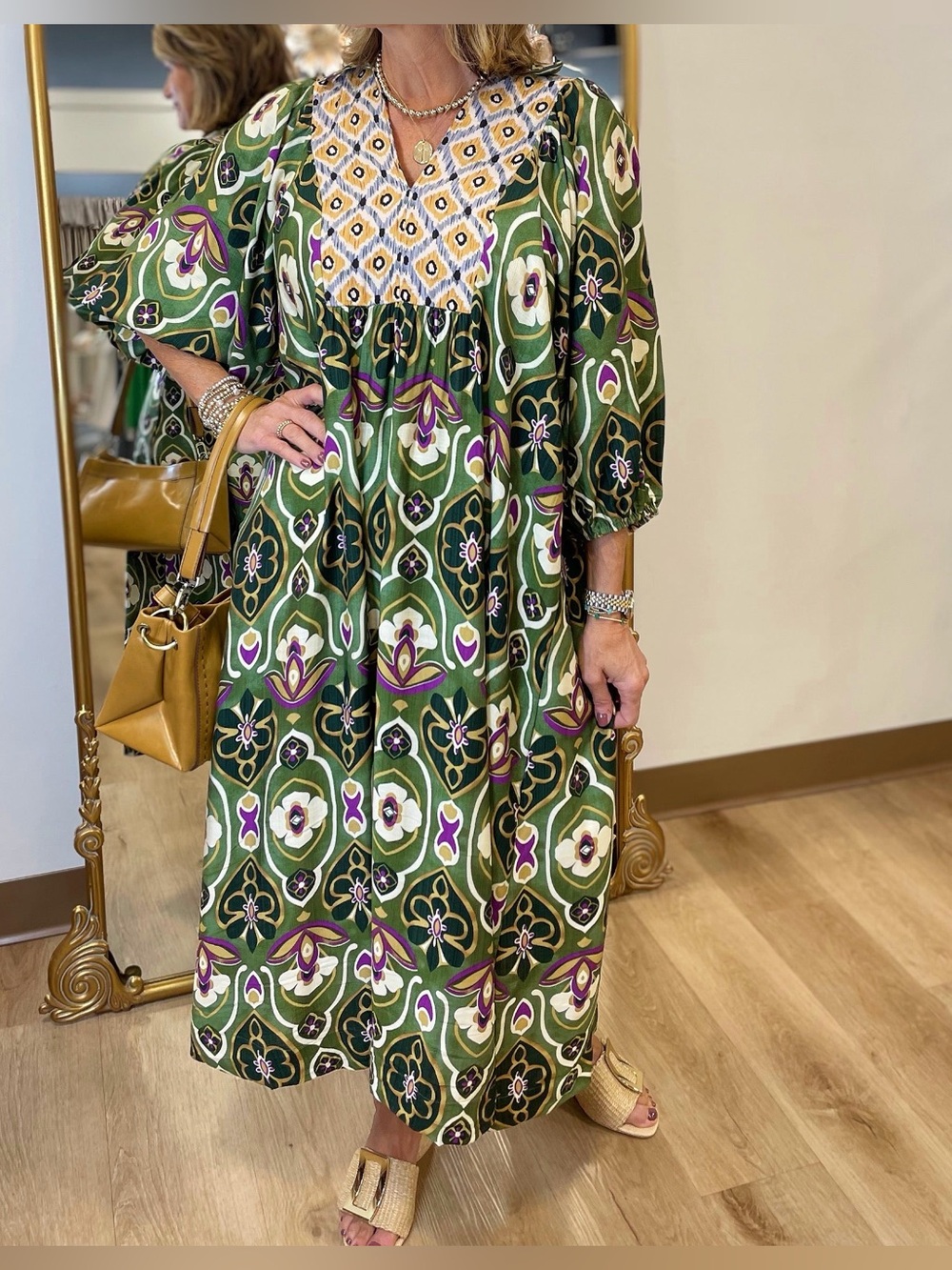 Umgee Abstract Bloom Midi Dress V-Neck Green Rayon Floral Brown Boho Fall Large